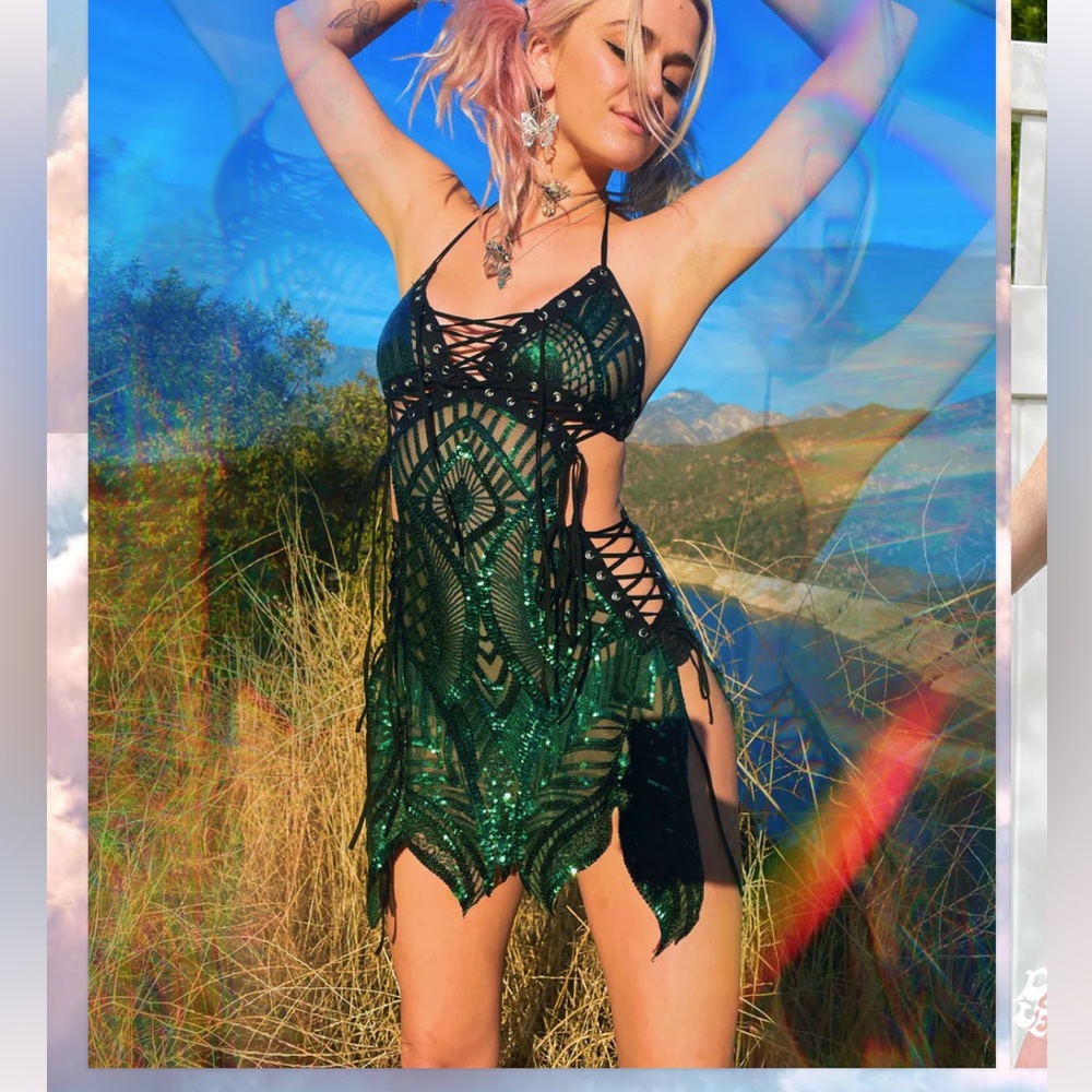 Disco lemonade forest fairy dress. Rave outfit